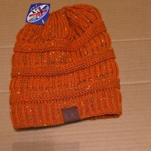 CHANEL Kids Vibrant Orange Knit Hat. Ponytail Hat